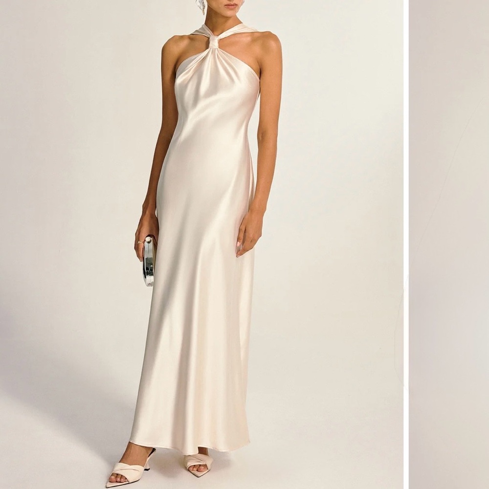 Cream Satin Halter Maxi Dress